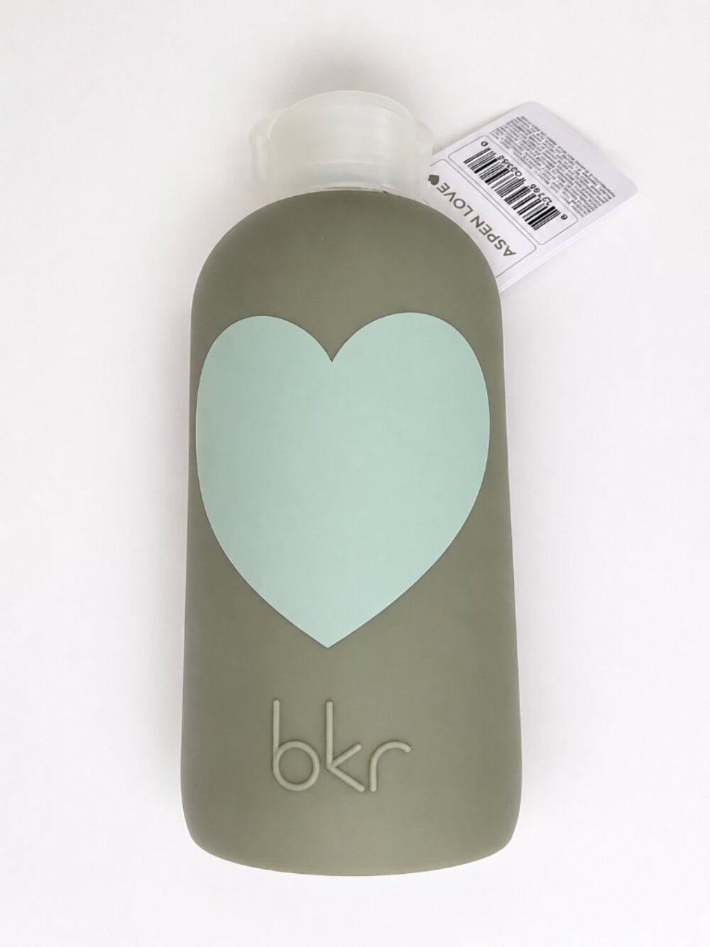 BKR Glass Water Bottle Silicone Sleeve Aspen Sage Green w Mint Heart 16oz/500ml